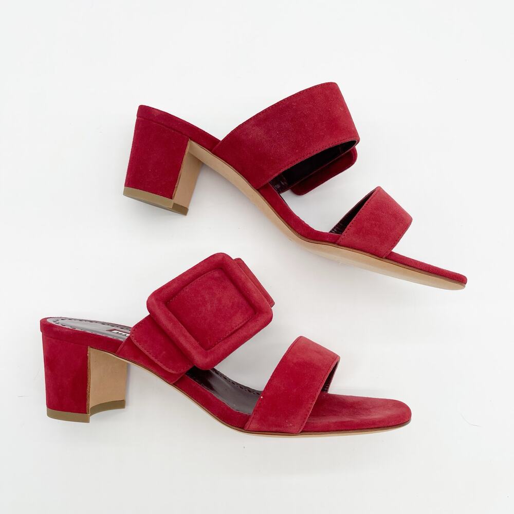 Manolo Blahnik Titubanew Red Suede Open Toe Buckle Mule Sandals Heels IT 37 - Picture 5 of 12